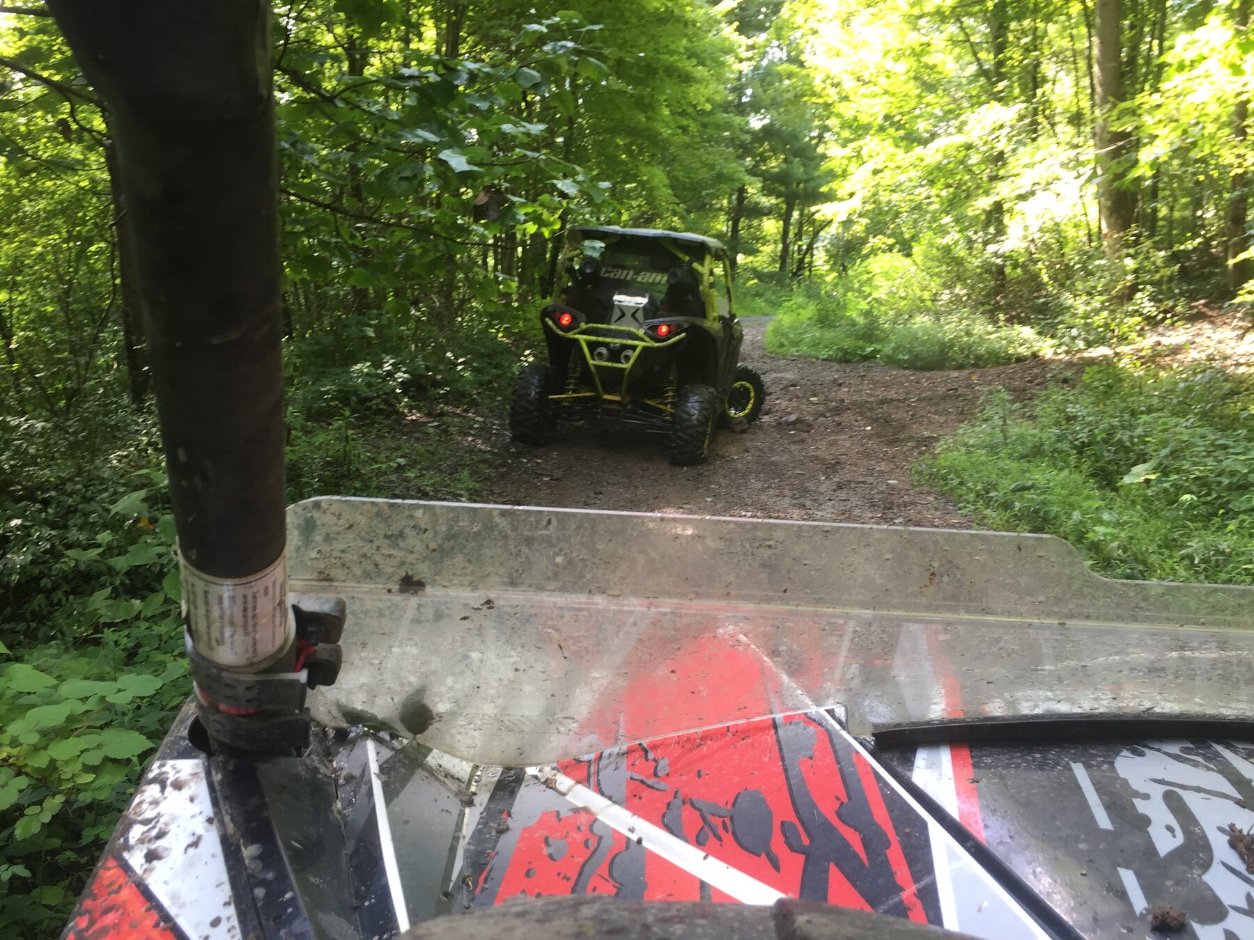A side-by-side UTV climbing a forested trail at Crumpler Mountain